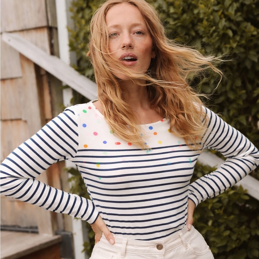 Boden White Navy Striped Long-Sleeve Tee with Multicolor Dot Yoke